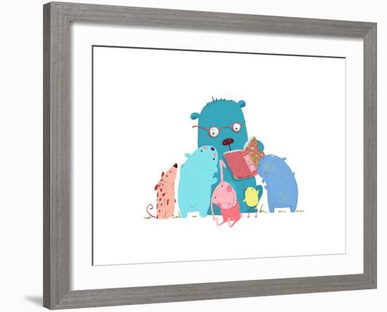 Bear Reading Book for Group of Animal Kids. Children Education and Reading. Child Learning, Teacher-Popmarleo-Framed Art Print