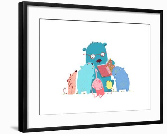 Bear Reading Book for Group of Animal Kids. Children Education and Reading. Child Learning, Teacher-Popmarleo-Framed Art Print