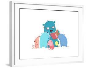 Bear Reading Book for Group of Animal Kids. Children Education and Reading. Child Learning, Teacher-Popmarleo-Framed Art Print