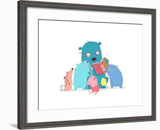 Bear Reading Book for Group of Animal Kids. Children Education and Reading. Child Learning, Teacher-Popmarleo-Framed Art Print