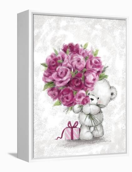 Bear with Pink Roses-MAKIKO-Framed Premier Image Canvas