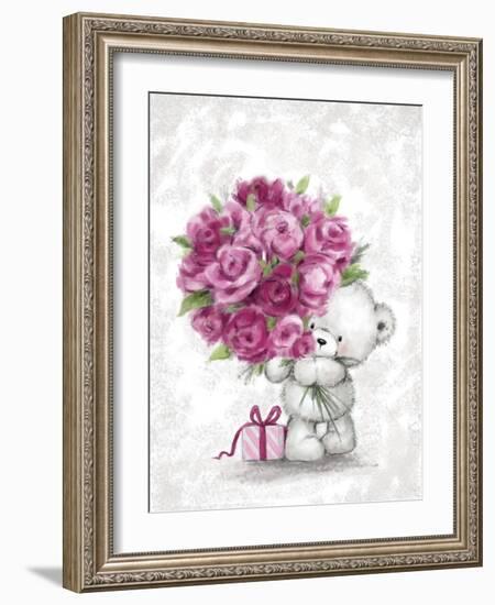 Bear with Pink Roses-MAKIKO-Framed Giclee Print