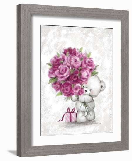 Bear with Pink Roses-MAKIKO-Framed Giclee Print