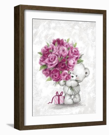 Bear with Pink Roses-MAKIKO-Framed Giclee Print