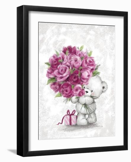 Bear with Pink Roses-MAKIKO-Framed Giclee Print