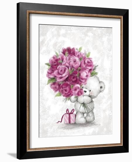 Bear with Pink Roses-MAKIKO-Framed Giclee Print