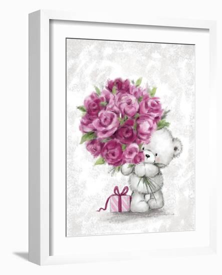 Bear with Pink Roses-MAKIKO-Framed Giclee Print