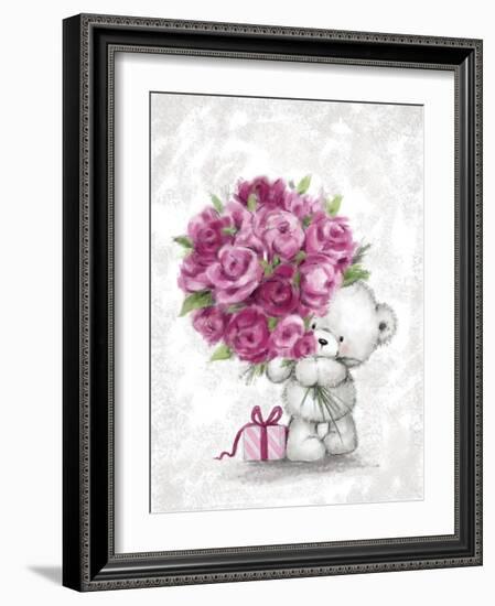 Bear with Pink Roses-MAKIKO-Framed Giclee Print