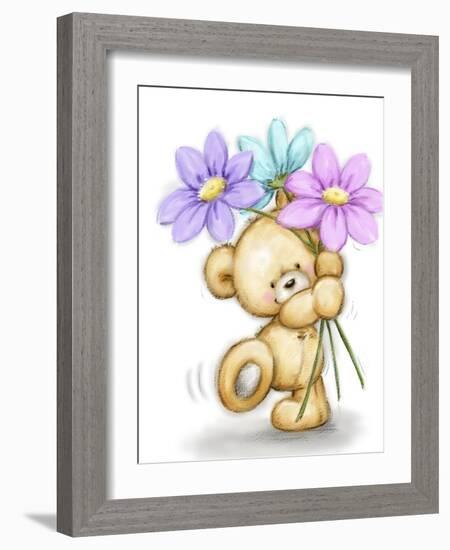 Bear with Three Flowers-MAKIKO-Framed Giclee Print