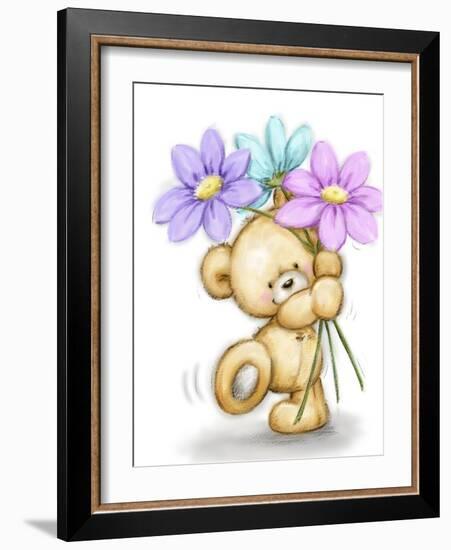 Bear with Three Flowers-MAKIKO-Framed Giclee Print