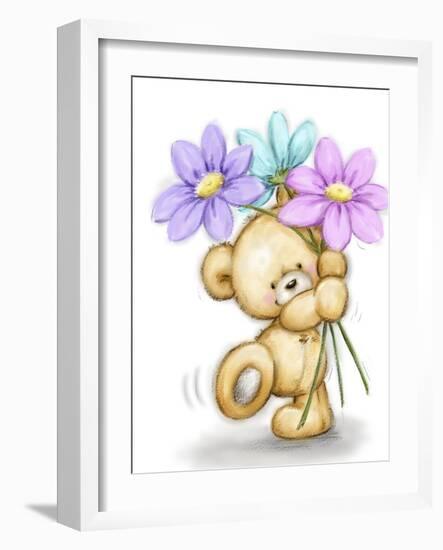 Bear with Three Flowers-MAKIKO-Framed Giclee Print