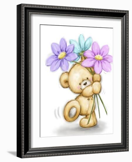 Bear with Three Flowers-MAKIKO-Framed Giclee Print