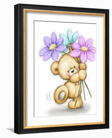 Bear with Three Flowers-MAKIKO-Framed Giclee Print