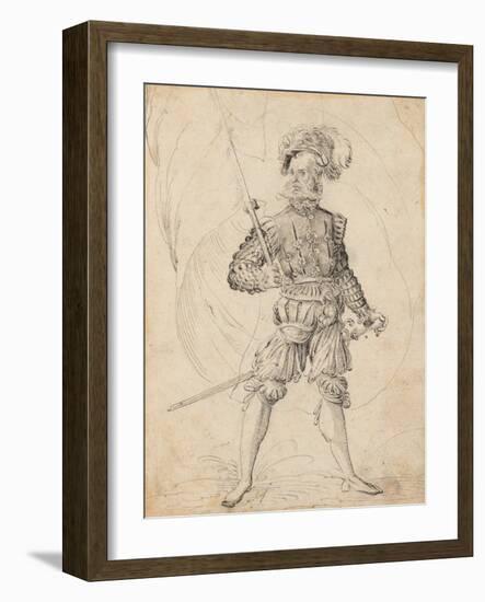 Bearded Man with Plumed Hat, a Flag and a Sword, 1501-1600 (Pen and Black Ink on Paper)-Jost Amman-Framed Giclee Print