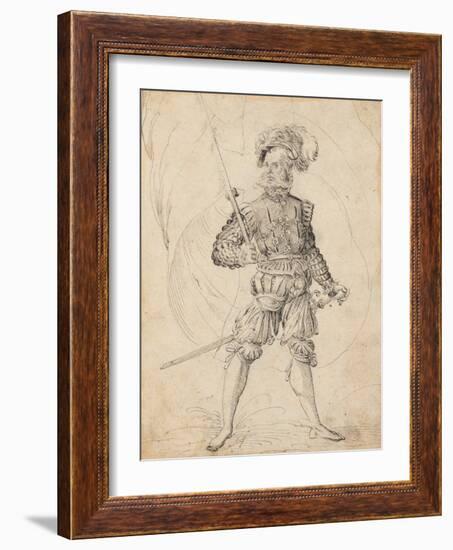 Bearded Man with Plumed Hat, a Flag and a Sword, 1501-1600 (Pen and Black Ink on Paper)-Jost Amman-Framed Giclee Print