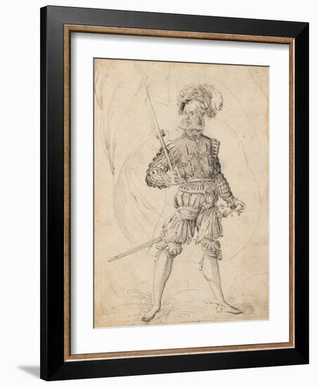 Bearded Man with Plumed Hat, a Flag and a Sword, 1501-1600 (Pen and Black Ink on Paper)-Jost Amman-Framed Giclee Print