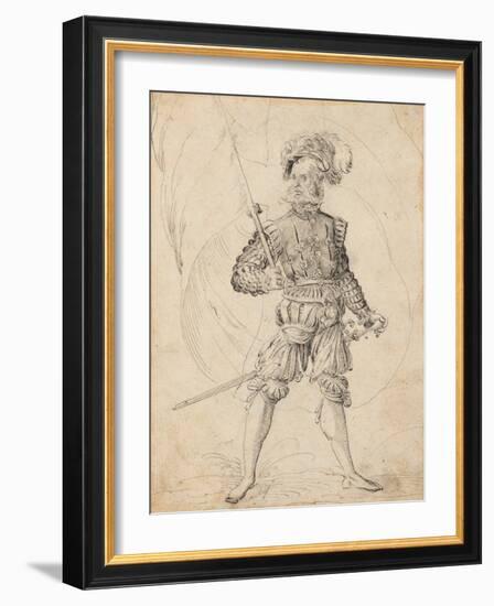 Bearded Man with Plumed Hat, a Flag and a Sword, 1501-1600 (Pen and Black Ink on Paper)-Jost Amman-Framed Giclee Print