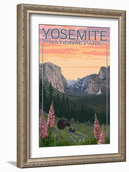 Bears and Spring Flowers - Yosemite National Park, California-Lantern Press-Framed Premium Giclee Print