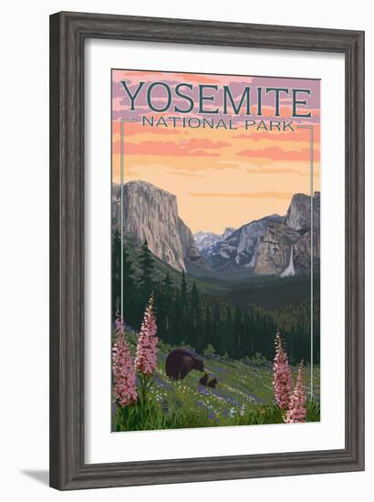 Bears and Spring Flowers - Yosemite National Park, California-Lantern Press-Framed Premium Giclee Print