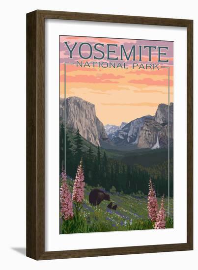 Bears and Spring Flowers - Yosemite National Park, California-Lantern Press-Framed Premium Giclee Print