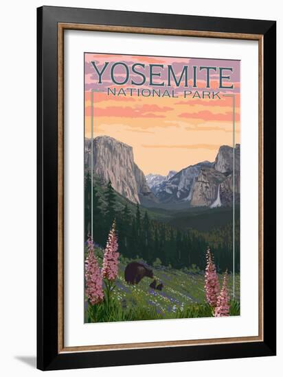 Bears and Spring Flowers - Yosemite National Park, California-Lantern Press-Framed Premium Giclee Print