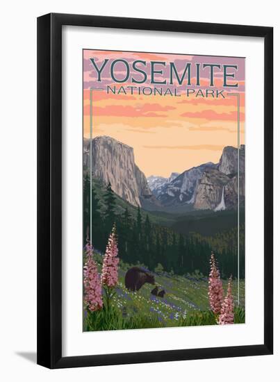 Bears and Spring Flowers - Yosemite National Park, California-Lantern Press-Framed Premium Giclee Print