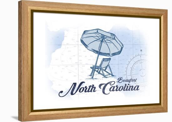 Beaufort, North Carolina - Beach Chair and Umbrella - Blue - Coastal Icon-Lantern Press-Framed Stretched Canvas