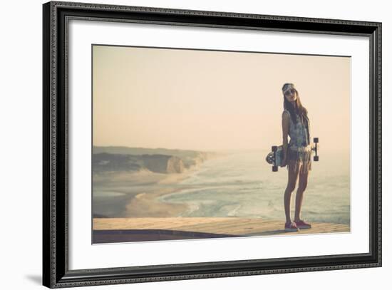 Beautiful And Fashion Young Woman Posing With A Skateboard-iko-Framed Premium Giclee Print