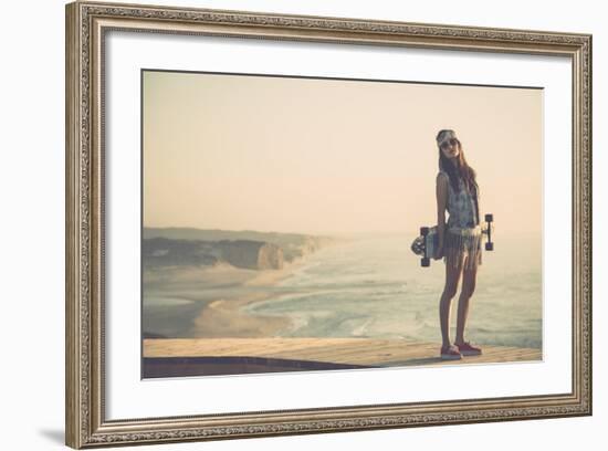 Beautiful And Fashion Young Woman Posing With A Skateboard-iko-Framed Premium Giclee Print