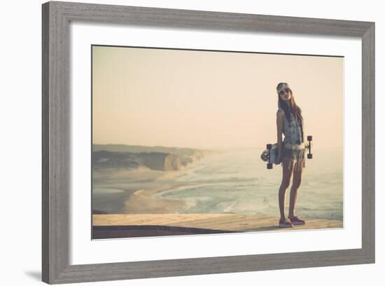 Beautiful And Fashion Young Woman Posing With A Skateboard-iko-Framed Premium Giclee Print