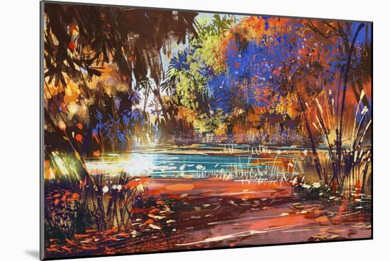 Beautiful Autumn Landscape with Flowers and Lake,Digital Painting,Illustration-Tithi Luadthong-Mounted Art Print