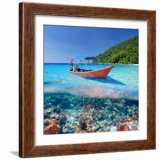 Beautiful Beach and Motor Boat with Coral Reef Bottom Underwater and above Water Split View-haveseen-Framed Photographic Print