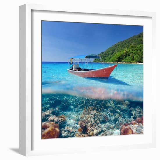 Beautiful Beach and Motor Boat with Coral Reef Bottom Underwater and above Water Split View-haveseen-Framed Photographic Print