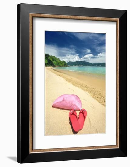 Beautiful Beach Landscape with Hat and Flip-Flops in Thailand-haveseen-Framed Photographic Print