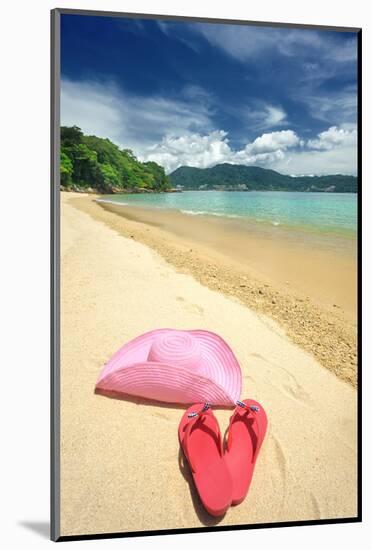 Beautiful Beach Landscape with Hat and Flip-Flops in Thailand-haveseen-Mounted Photographic Print