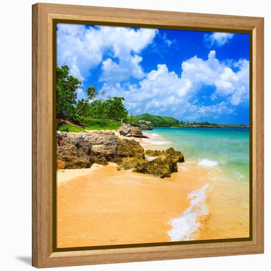 Beautiful Beach Surrounded by Mountains in Cuba-Kamira-Framed Stretched Canvas