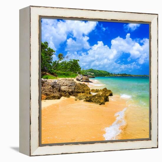 Beautiful Beach Surrounded by Mountains in Cuba-Kamira-Framed Stretched Canvas