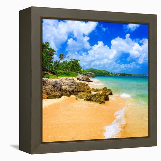 Beautiful Beach Surrounded by Mountains in Cuba-Kamira-Framed Stretched Canvas