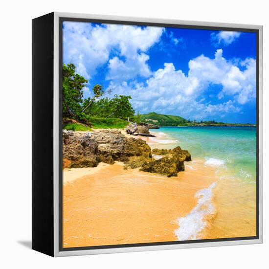Beautiful Beach Surrounded by Mountains in Cuba-Kamira-Framed Stretched Canvas