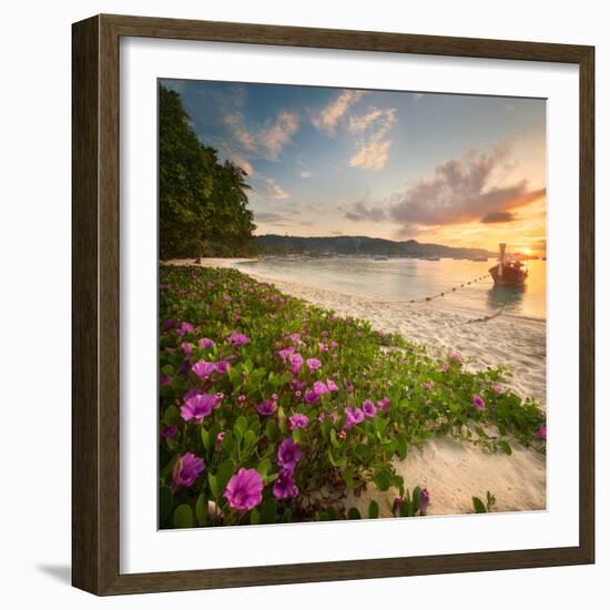 Beautiful Beach with Colorful Flowers and Longtail Boat on the Sea. Thailand-Hanna Slavinska-Framed Photographic Print
