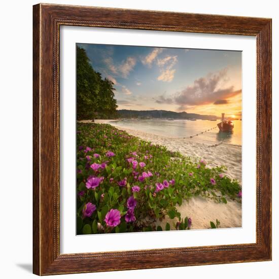 Beautiful Beach with Colorful Flowers and Longtail Boat on the Sea. Thailand-Hanna Slavinska-Framed Photographic Print