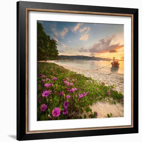 Beautiful Beach with Colorful Flowers and Longtail Boat on the Sea. Thailand-Hanna Slavinska-Framed Photographic Print