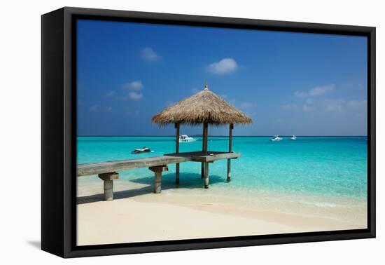 Beautiful Beach with Jetty at Maldives-haveseen-Framed Premier Image Canvas