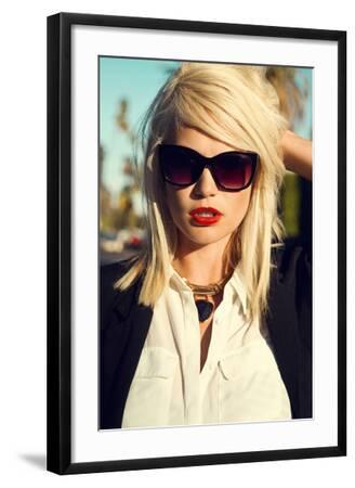 Beautiful Blonde Young Woman Wearing Sunglasses, Black Cardigan, Red Lips.  Fashion Photo' Photographic Print - HighKey | Art.com