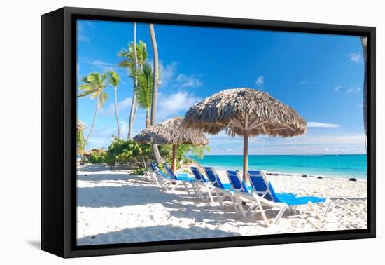 Beautiful Caribbean Beach with Chaise Lounge in Dominican Republic-haveseen-Framed Premier Image Canvas