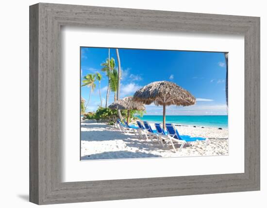 Beautiful Caribbean Beach with Chaise Lounge in Dominican Republic-haveseen-Framed Photographic Print