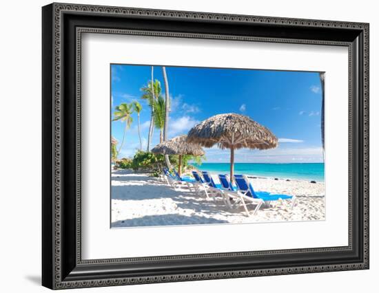 Beautiful Caribbean Beach with Chaise Lounge in Dominican Republic-haveseen-Framed Photographic Print