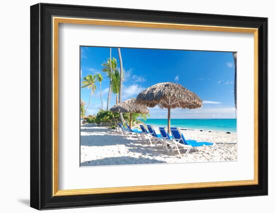 Beautiful Caribbean Beach with Chaise Lounge in Dominican Republic-haveseen-Framed Photographic Print