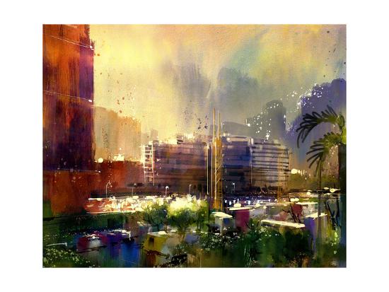 Beautiful City Skyline View Watercolor Painting Illustration Art