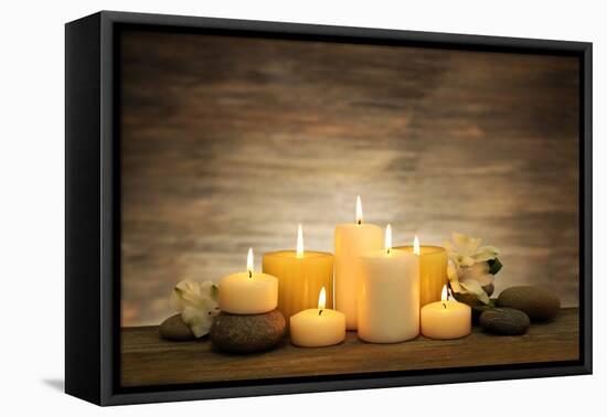Beautiful Composition with Candles and Spa Stones on Wooden Background-Yastremska-Framed Premier Image Canvas